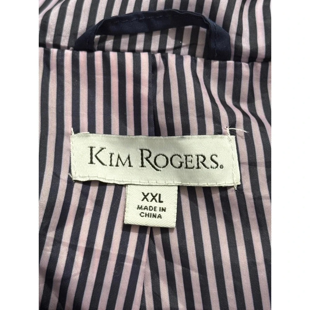Kim Rogers Women's Navy Hooded Rain Jacket Pink Stripe Lined Drawstring XXL Coat